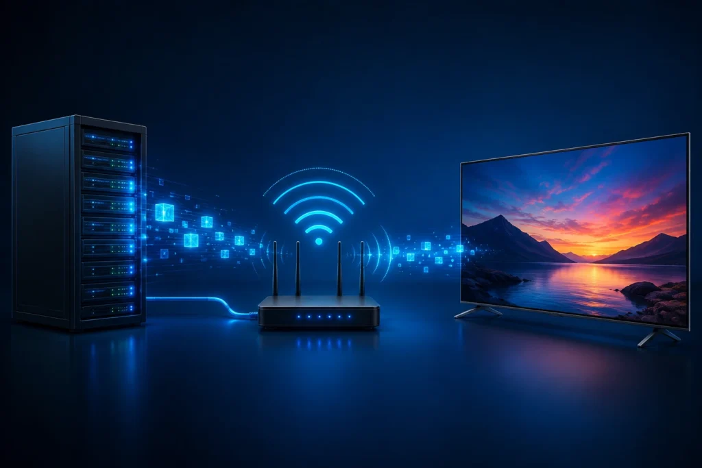 رسم توضيحي يشرح كيف يعمل IPTV عبر نقل حزم البيانات من السيرفر إلى التلفزيون