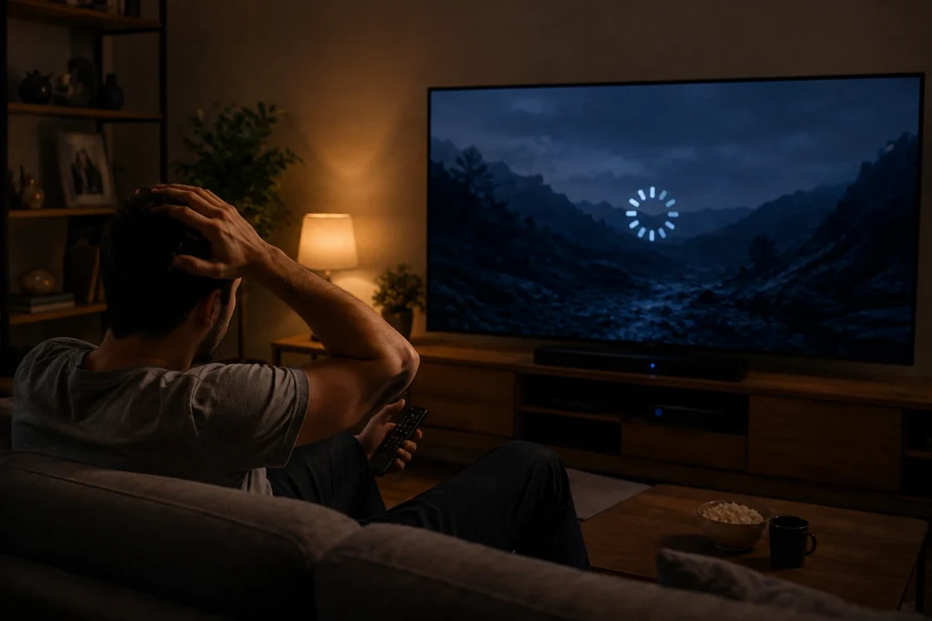 رجل يواجه مشكلة تقطع البث في IPTV على شاشة تلفزيون كبيرة