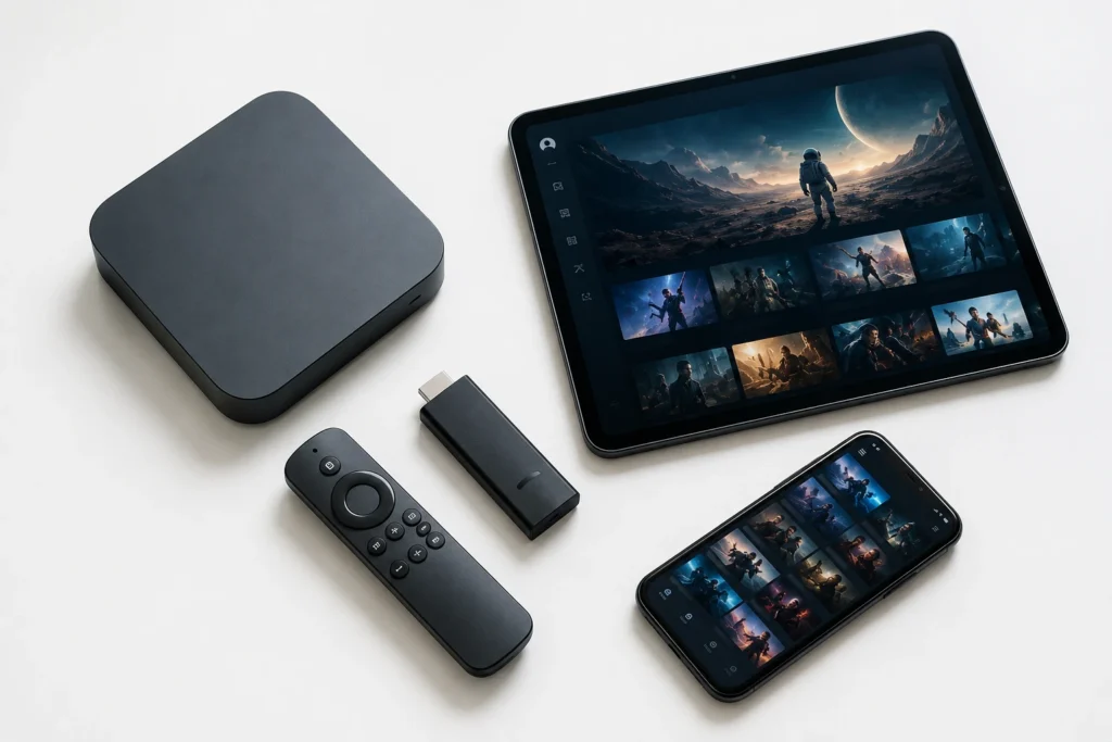 مجموعة أجهزة متوافقة مع IPTV تشمل Android Box وFire Stick وتابلت وهاتف ذكي