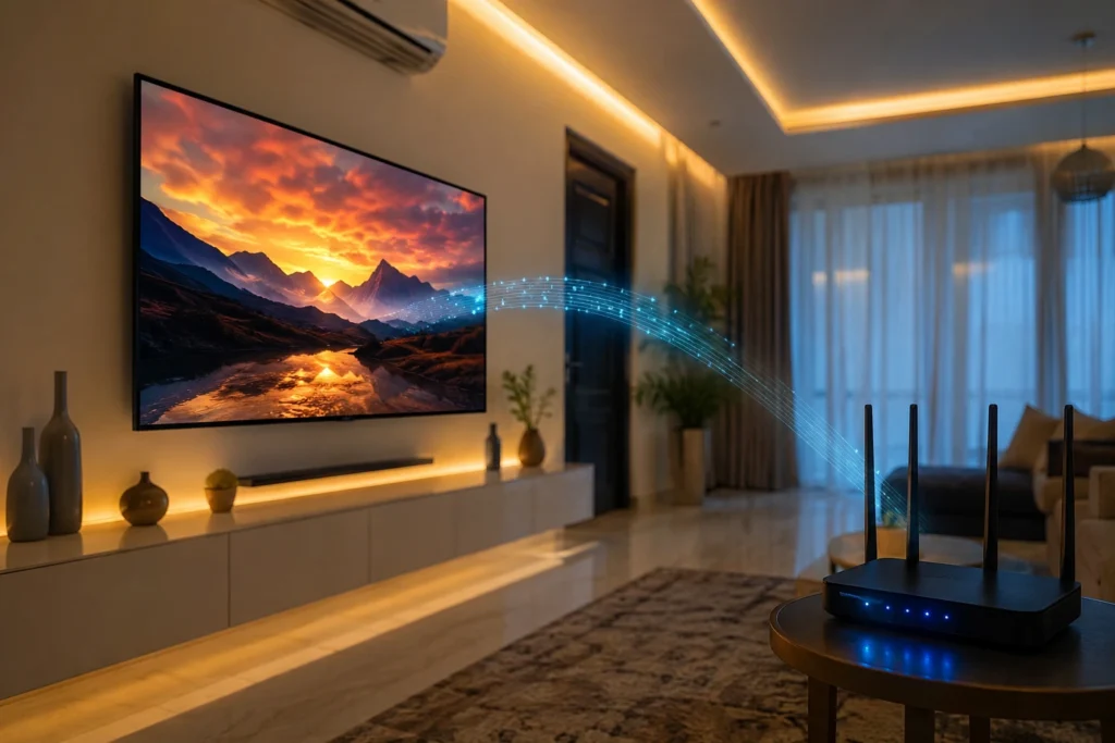 تلفزيون ذكي يعمل بتقنية IPTV متصل بالإنترنت في غرفة معيشة حديثة