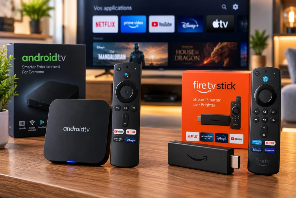 Android TV Box وAmazon Fire Stick مع ريموتات التحكم كأجهزة إضافية لتشغيل IPTV