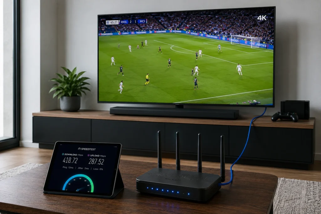  إعداد منزلي مثالي لـ IPTV يتضمن راوتر حديث واتصال سلكي وشاشة عالية الجودة