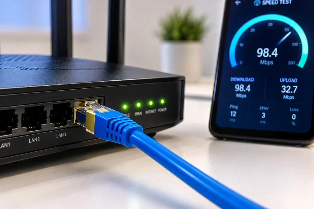 كابل إيثرنت Cat6 متصل براوتر جيجابت مع مؤشرات سرعة عالية لـ IPTV
