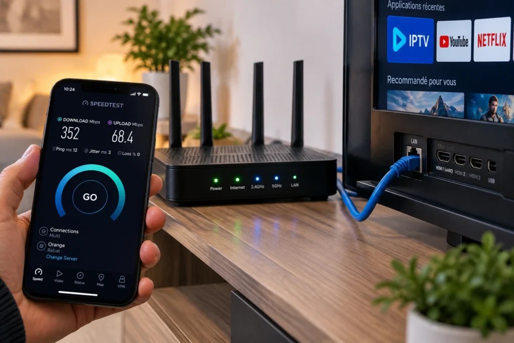 راوتر إنترنت مع كابل Ethernet متصل بتلفزيون ذكي لتقليل مشاكل التقطيع في IPTV