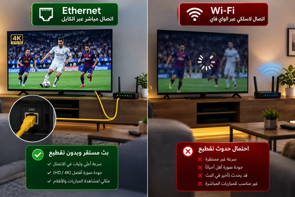الفرق بين كابل Ethernet والواي فاي في استقرار بث IPTV ومنع Buffering