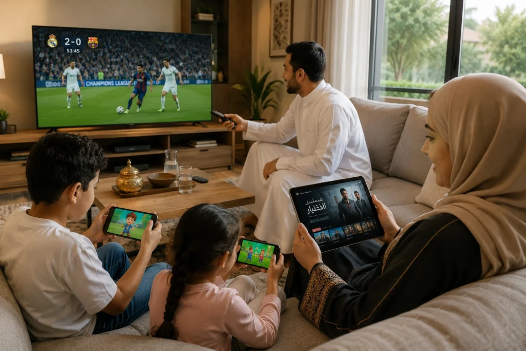 عائلة تشاهد محتوى مختلف على عدة أجهزة باستخدام IPTV في نفس الوقت