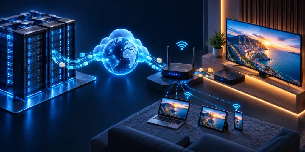 مسار بث IPTV من خادم المحتوى عبر الشبكة المنزلية إلى التلفاز