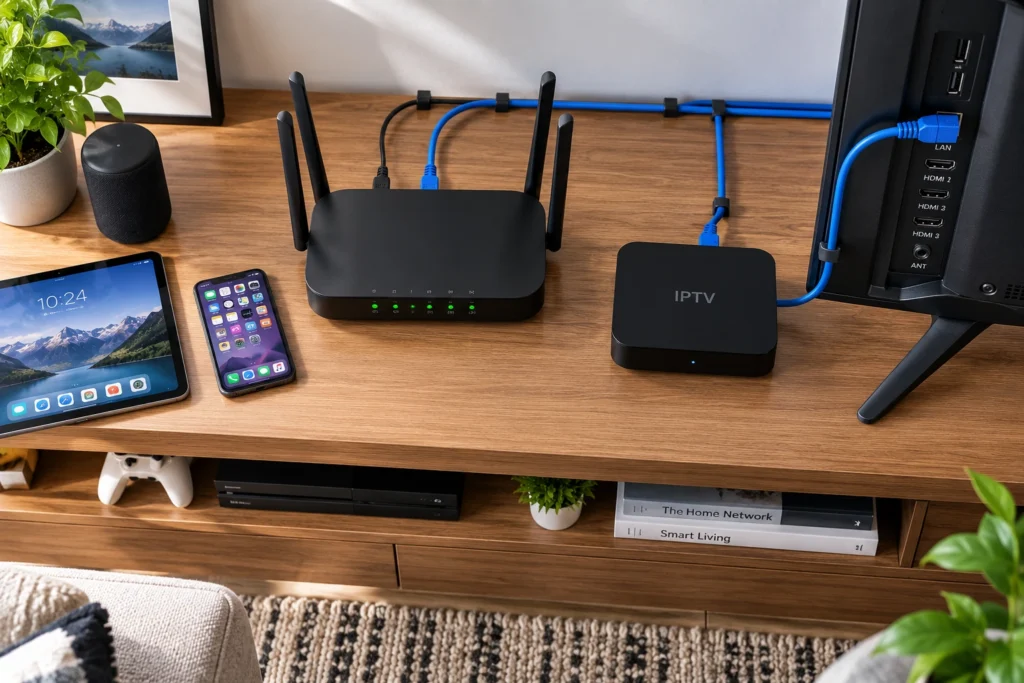 إعداد شبكة IPTV احترافي يجمع بين اتصال Ethernet للأجهزة الرئيسية و Wi-Fi للأجهزة المحمولة