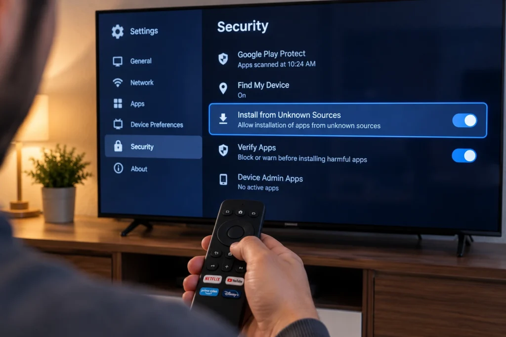 شاشة تلفاز ذكي تعرض إعدادات الأمان لتفعيل تثبيت تطبيقات IPTV من مصادر خارجية