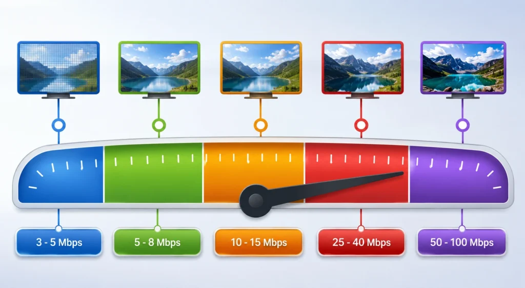 رسم توضيحي يبين سرعة الإنترنت لـ IPTV المناسبة لكل جودة من SD إلى 8K