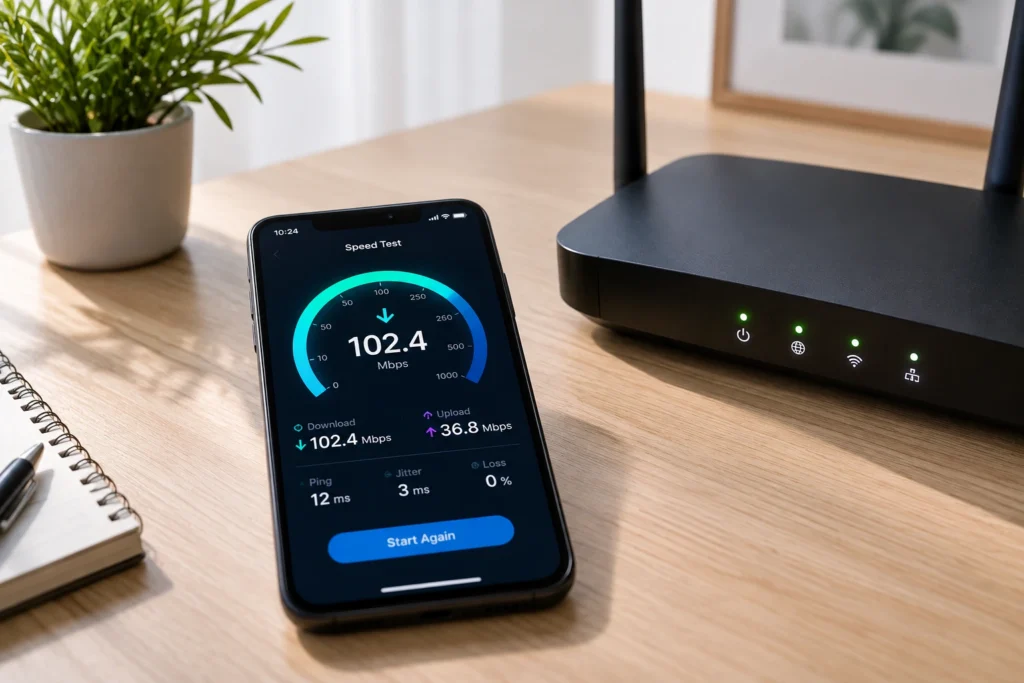 هاتف ذكي يعرض اختبار سرعة الإنترنت بجانب راوتر لاسلكي لضمان أداء IPTV الأمثل