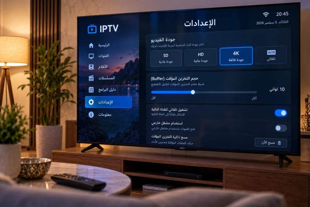 شاشة إعدادات تطبيق IPTV توضح خيارات جودة البث المختلفة