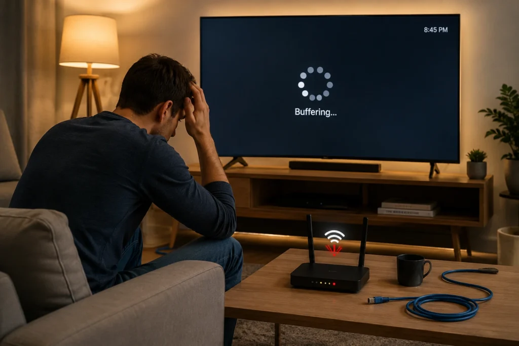 مشهد واقعي يوضح مشكلة التقطيع في بث IPTV بسبب ضعف اتصال الإنترنت وأهمية استخدام كابل الشبكة