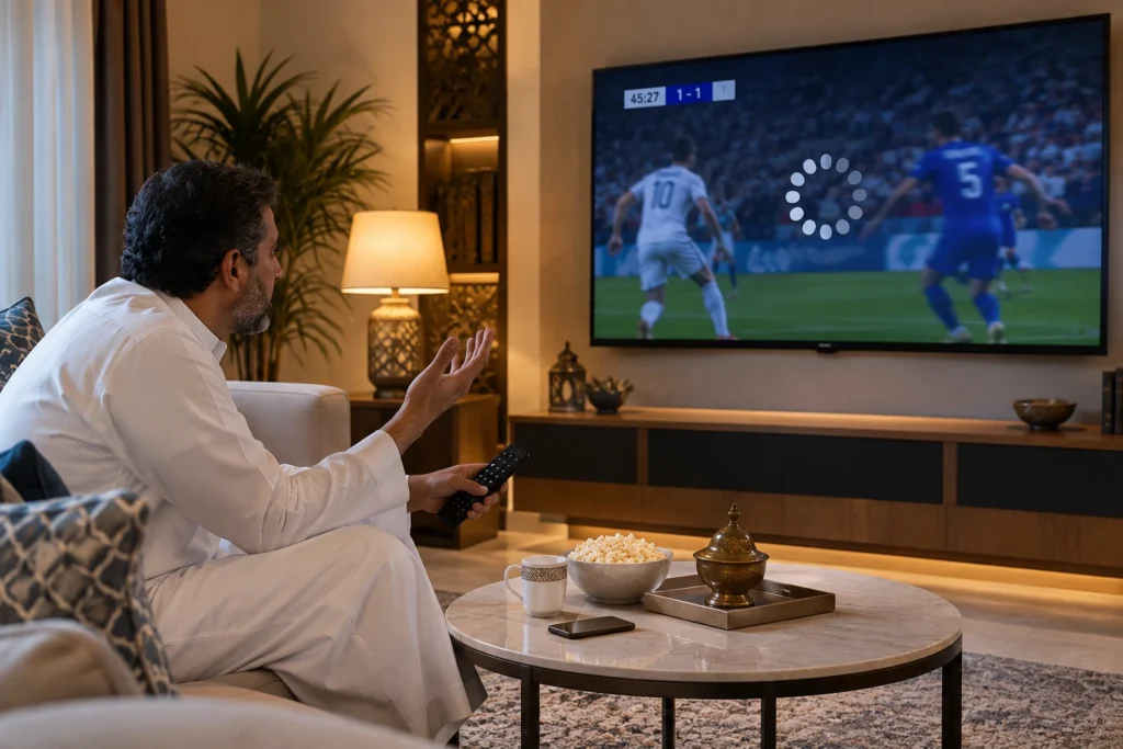 مستخدم عربي يواجه مشكلة تقطيع البث والتحميل أثناء مشاهدة IPTV على التلفاز