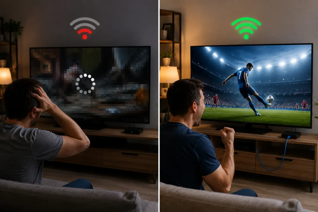 مقارنة توضح الفرق بين مشاهدة IPTV مع اتصال ضعيف ومع اتصال مستقر وسريع