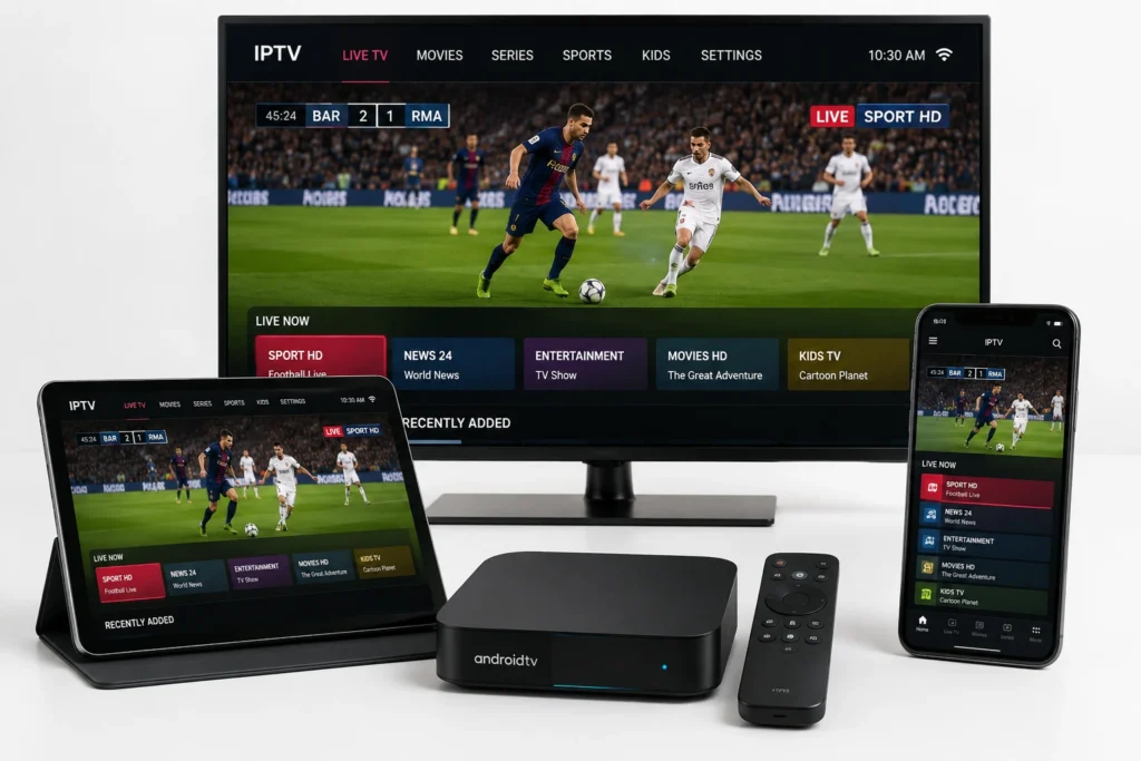مجموعة متنوعة من الأجهزة الذكية التي تدعم IPTV تشمل التلفزيون الذكي وأجهزة الأندرويد والهواتف