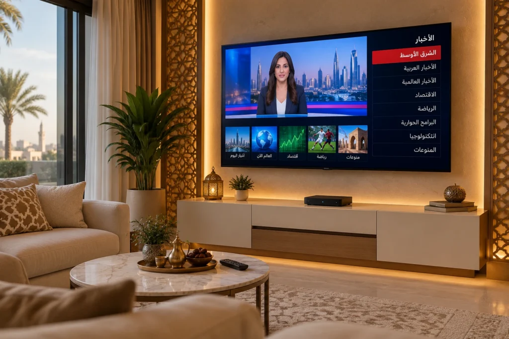 إعداد IPTV على تلفاز ذكي في غرفة معيشة عربية حديثة مع جهاز Android Box