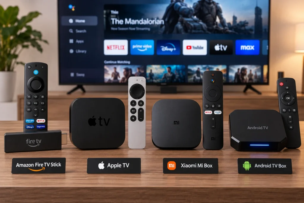 مجموعة من أجهزة البث الذكية مثل Fire Stick وApple TV لحل مشكلة IPTV لا يعمل على التلفاز