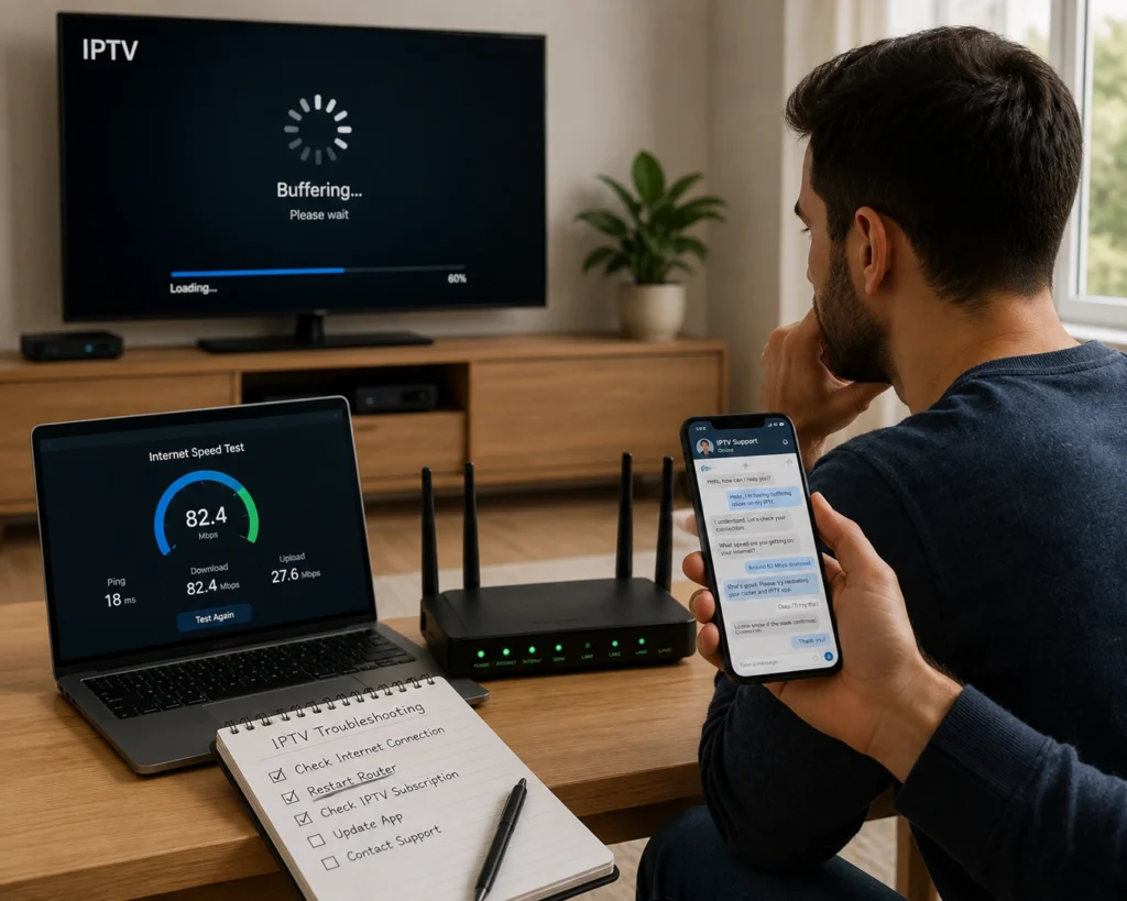 مستخدم يفحص سرعة الإنترنت والراوتر لحل مشاكل بث IPTV