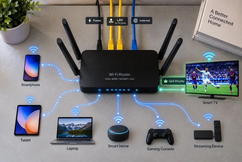 راوتر منزلي مع توضيح إعدادات QoS لإعطاء الأولوية لجهاز IPTV ومنع Buffering