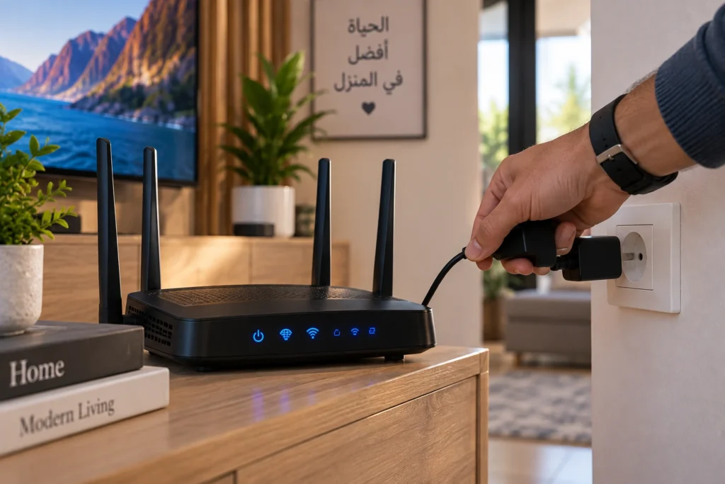 يد تفصل كابل الكهرباء عن الراوتر لإعادة التشغيل وتحسين أداء IPTV