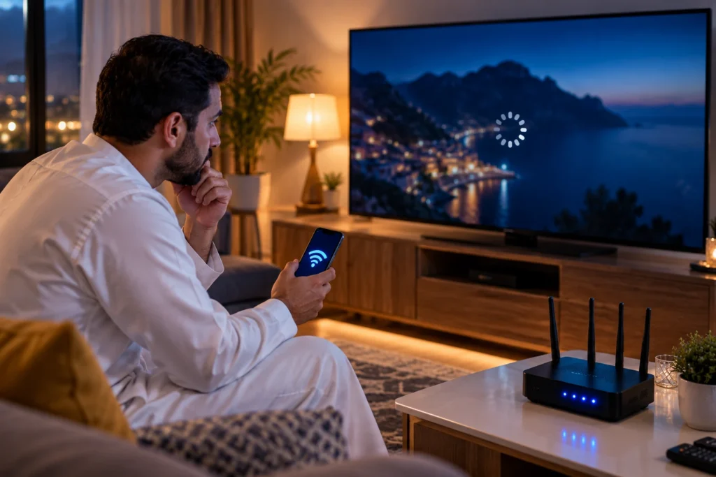 مستخدم يفحص الشبكة لحل مشكلة تقطيع IPTV والبث على التلفاز