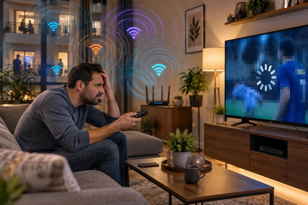 شخص يعاني من مشكلة التقطيع والبفر في IPTV بسبب تداخل شبكات Wi-Fi